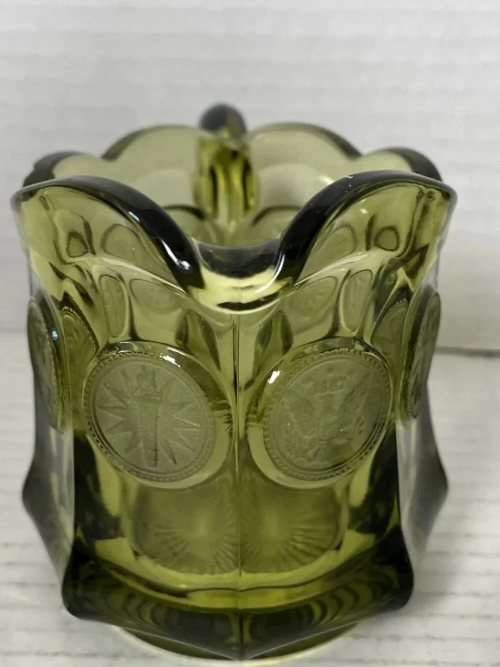 Vintage Fostoria Coin Glass Olive Green Creamer Pitcher